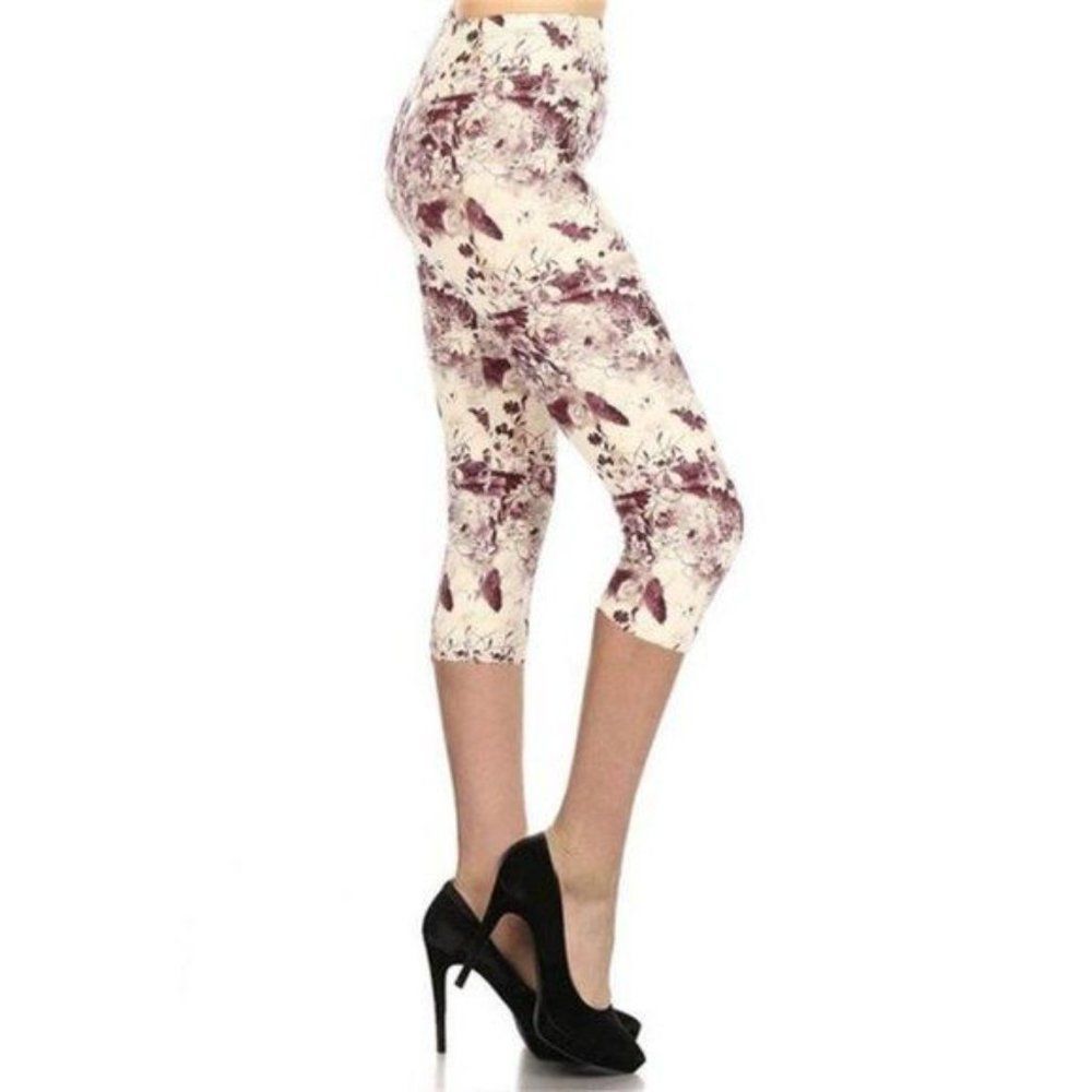 Plum and Off White Watercolor Floral Print Buttery Soft Capri Leggings